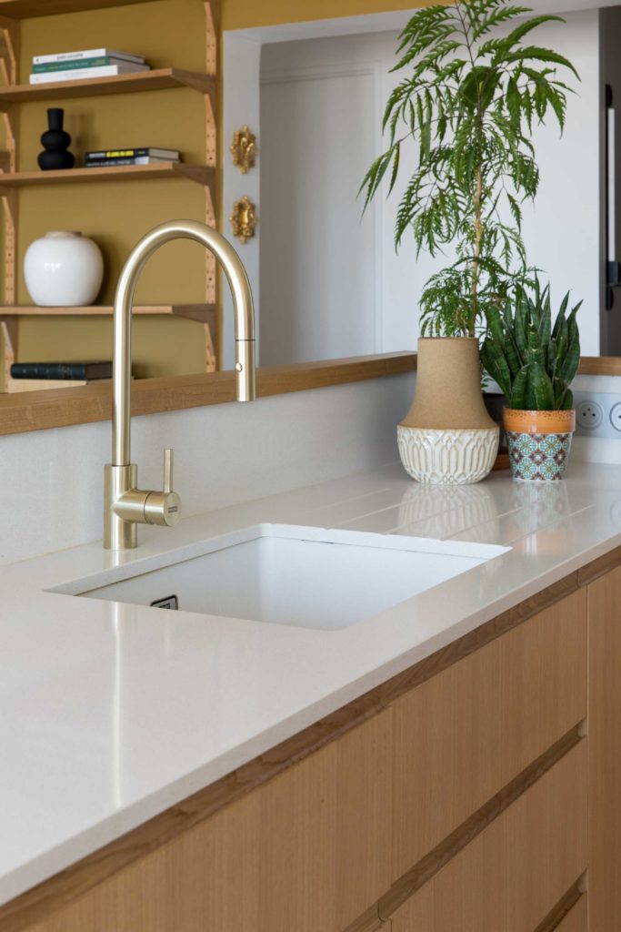 Cuisine ouverte sur le séjour avec de jolies finitions, robinet en laiton et meubles bas en chêne, plan de travail moucheté beige en quartz. Une plante et un petit cactus en pot sont posés dans l'angle.